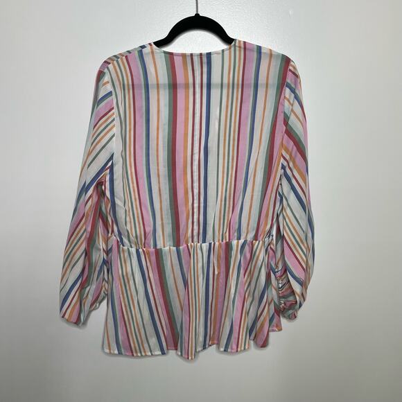 Lane Bryant‎ Faux Wrap Top Peplum Blouse V-Neck Elastic Cuff Stripe Rainbow 16 - Picture 2 of 11